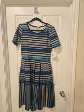 Striped Knit Fit-and-Flare Dress in Blue, Black, Cream